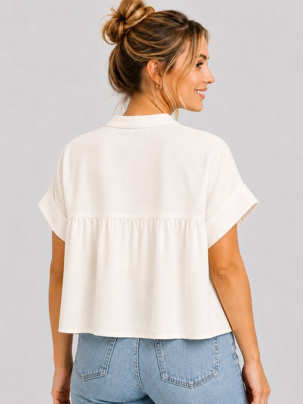Cider Ribbed Yoke Button-Front Short Sleeve Top - Cream Linen Blend Boxy - Picture 2 of 7